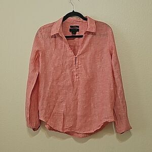 Tahari 100% Linen Collared 3/4 Sleeve Coral Split Shirt S